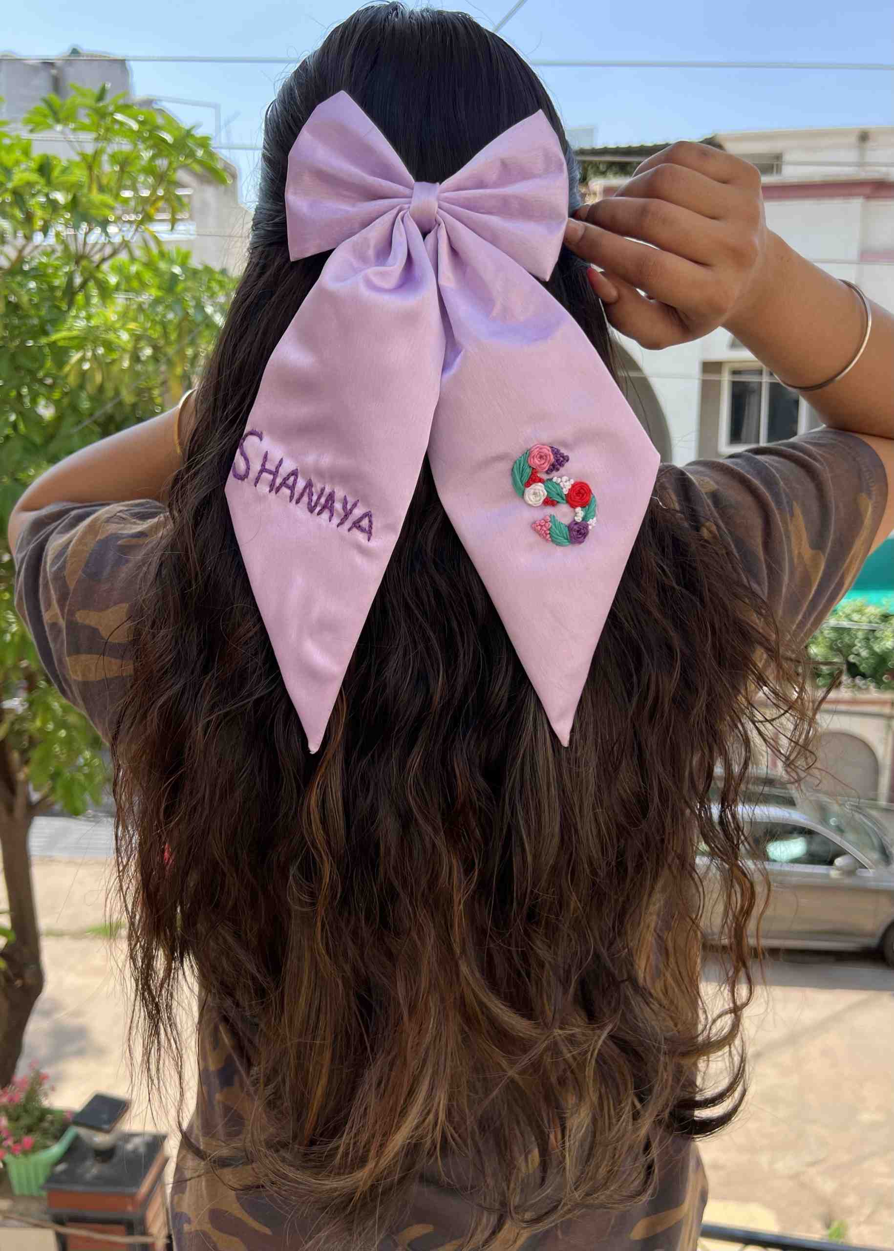 Lilac satin embroidered bow with name & initial