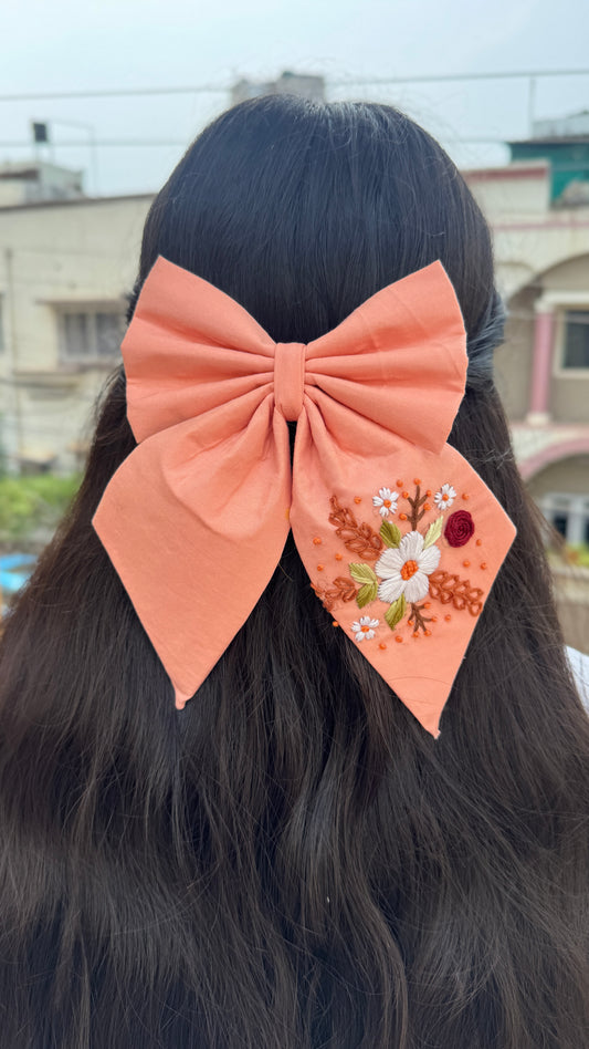 Peach Embroidery Bow
