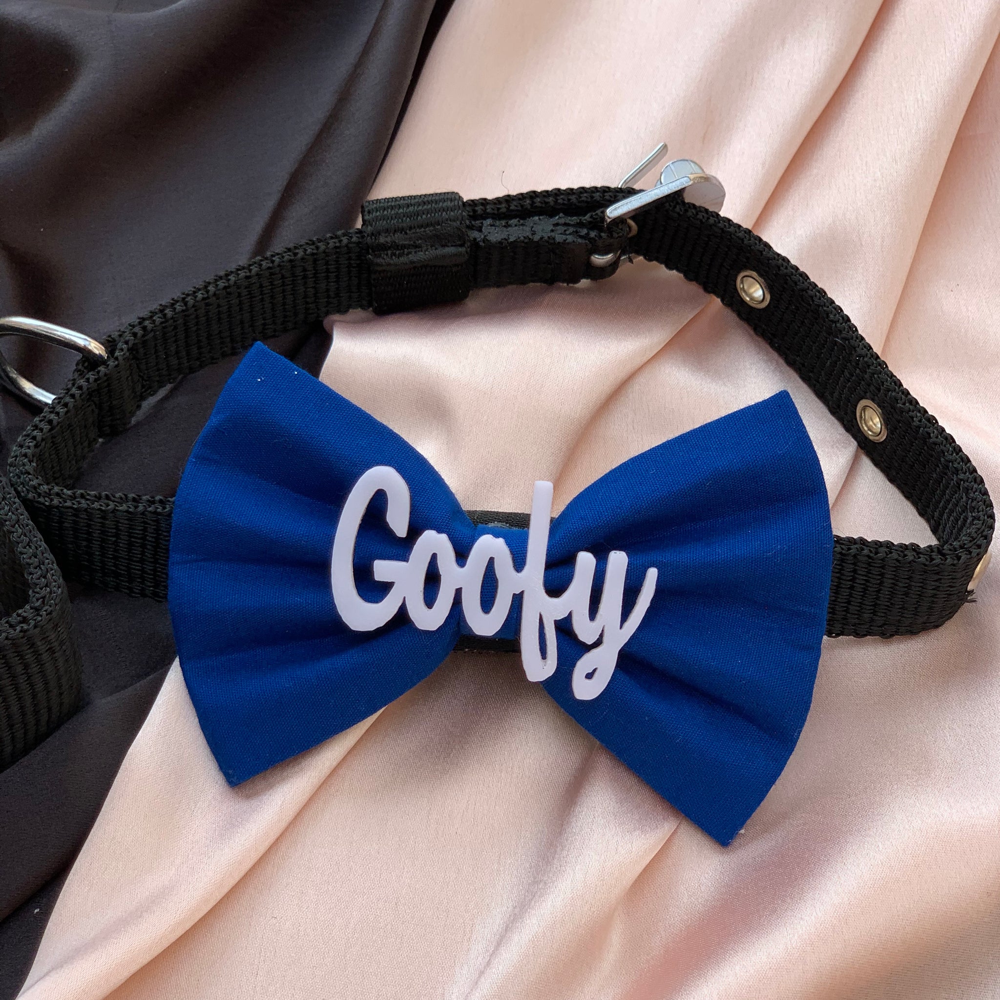 Royal blue/white customise name pet bow