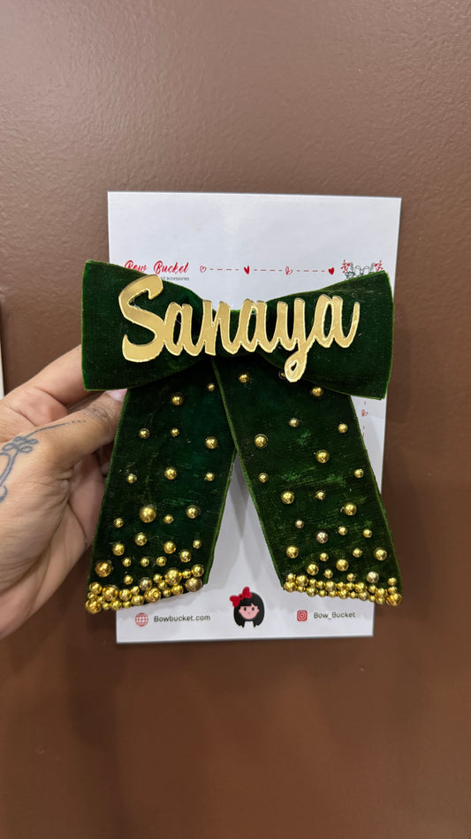 Velevt Dark Green golden pearl name bow