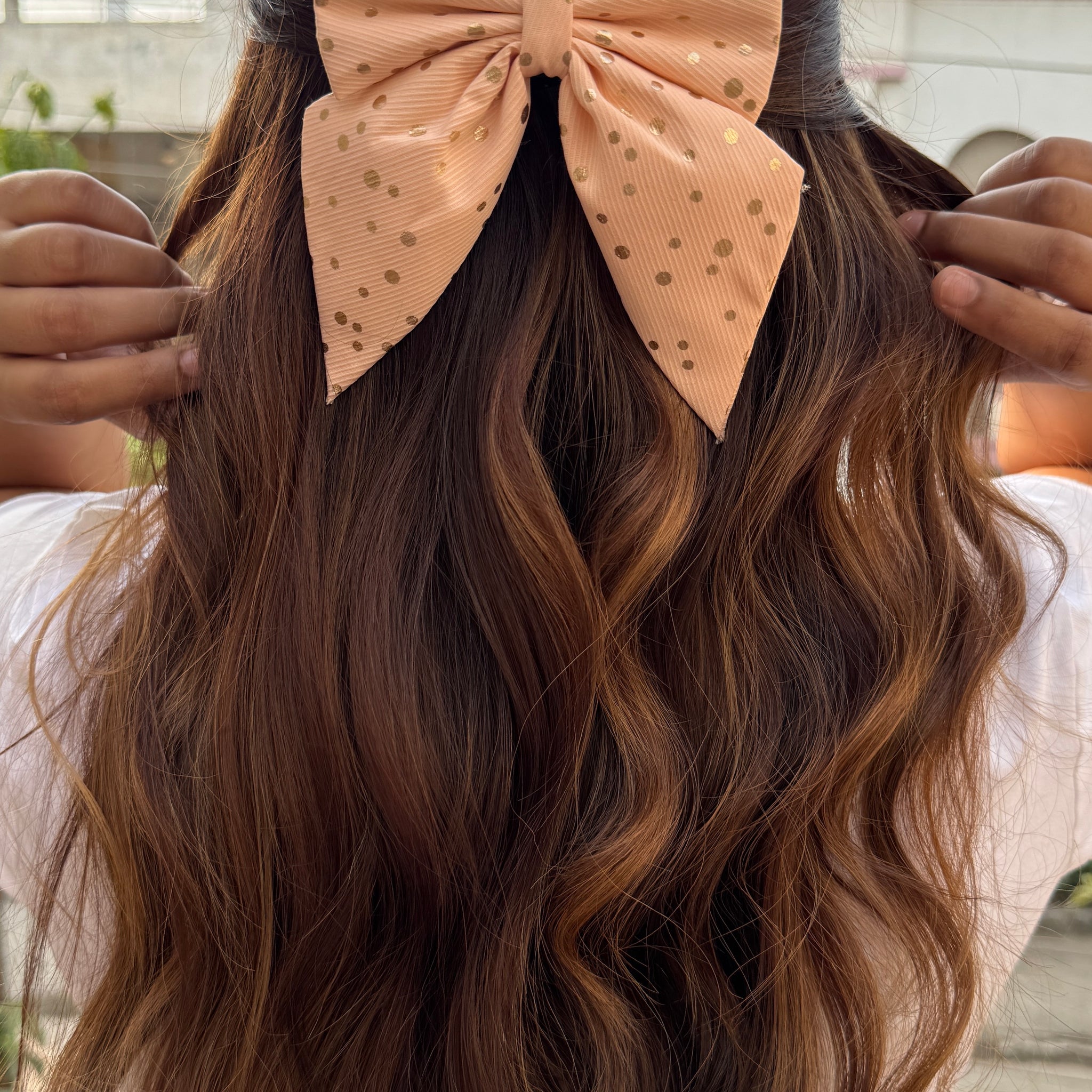 Peach Polka Pigtail Bow