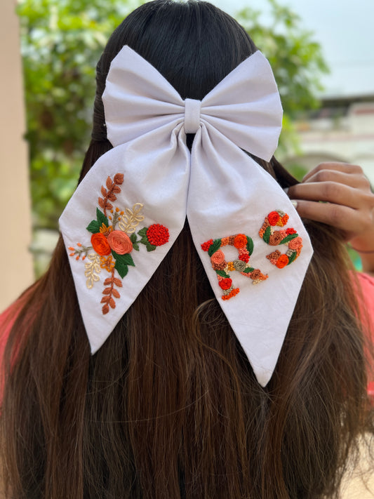 White orange Embroidery bow
