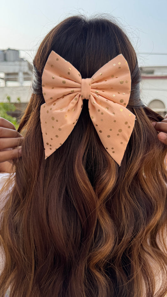 Peach Polka Pigtail Bow