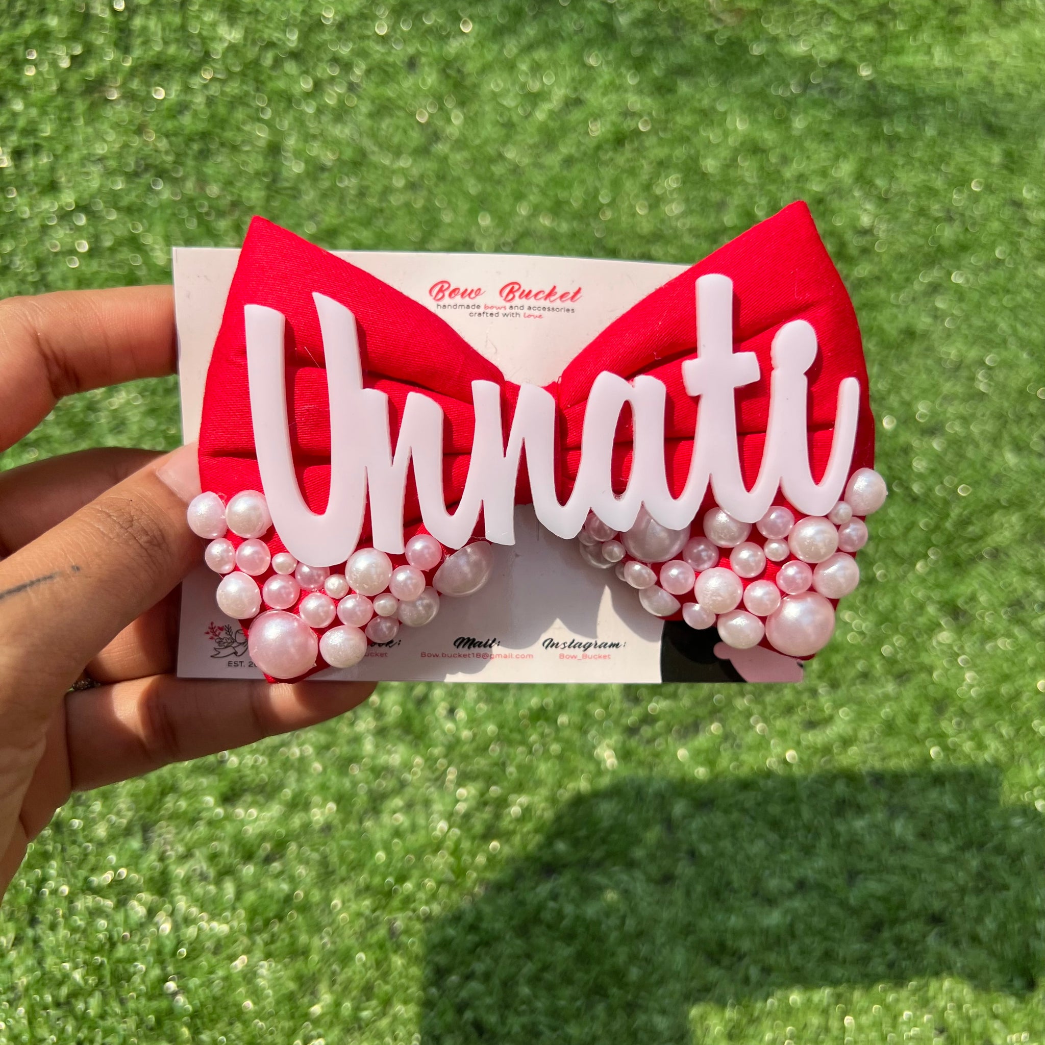 Red pearl Customise name bow