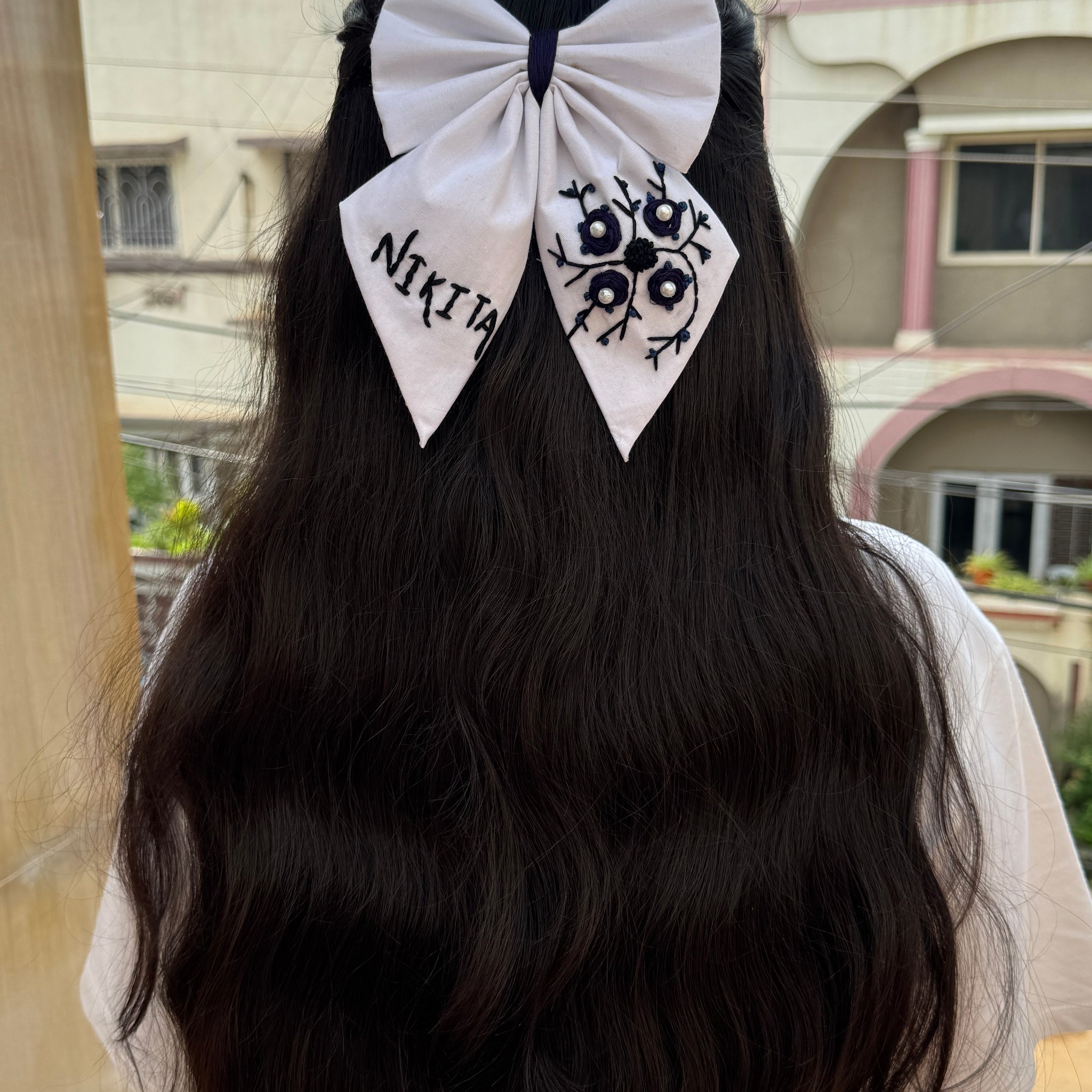 White Embroidery bow with Name