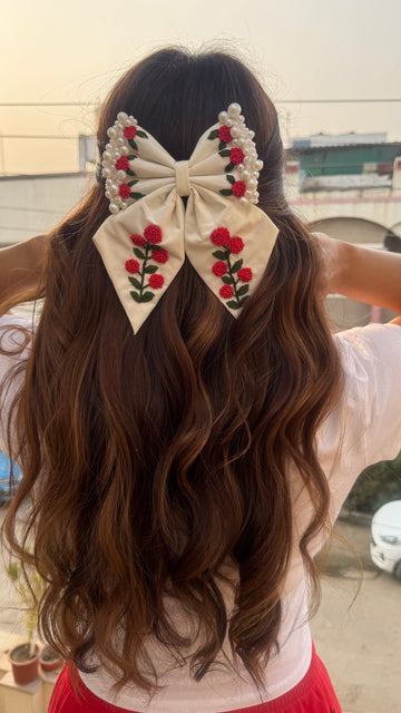 Rosy Elegance Embroidery Bow