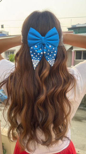 Royal Blue Pigtail Pearl Bow