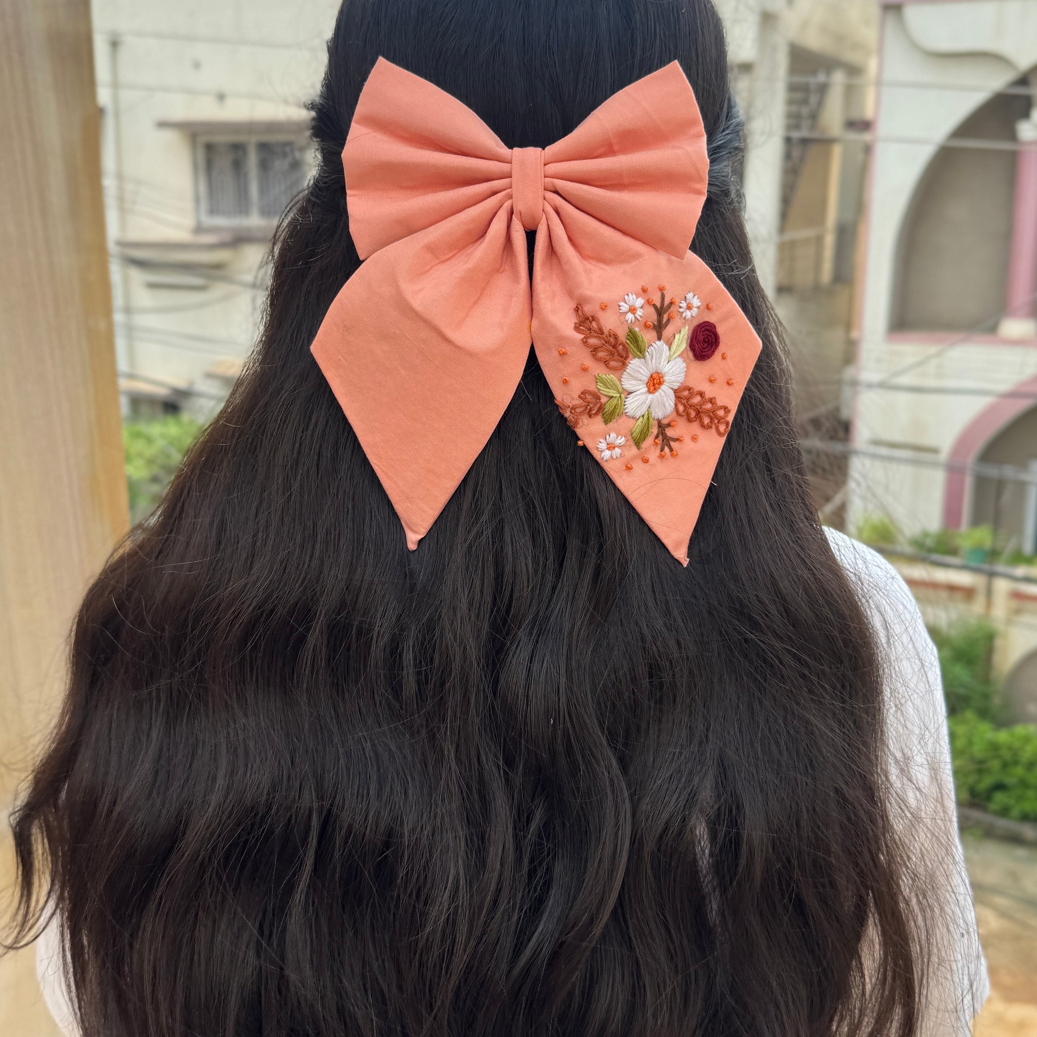 Peach Embroidery Bow