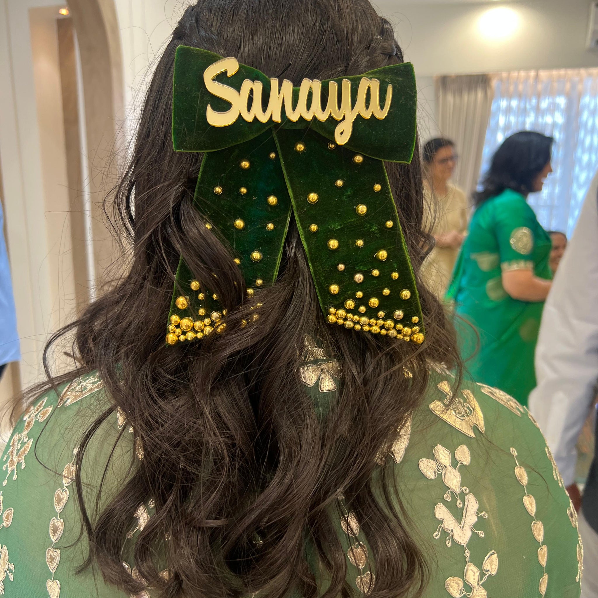 Velevt Dark Green golden pearl name bow