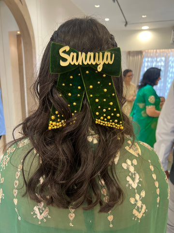 Velevt Dark Green golden pearl name bow