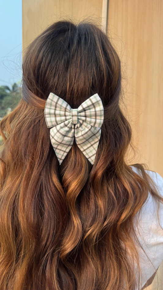 Green Check Pigtail Bow