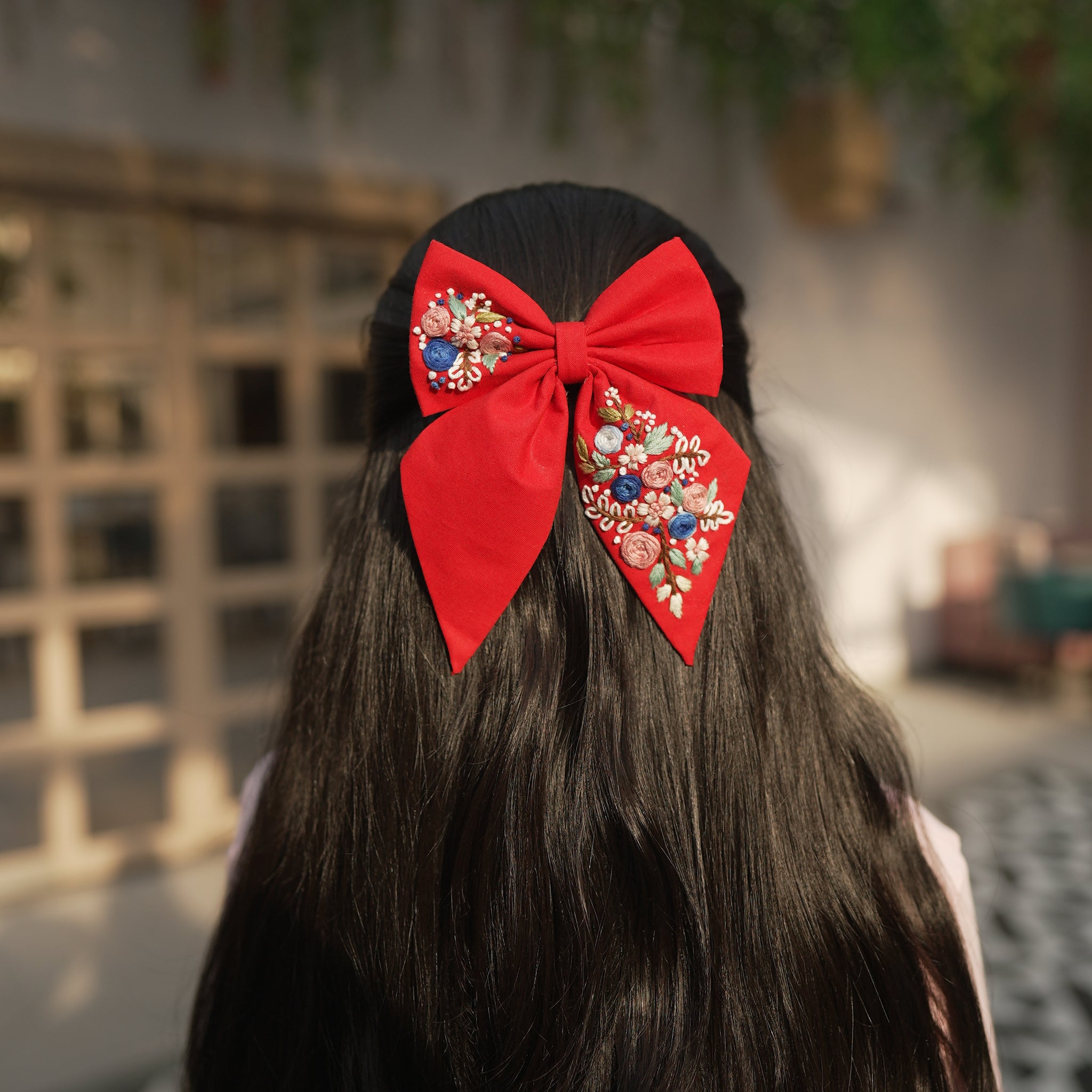 Red floral embroidered bow