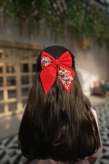 Red floral embroidered bow