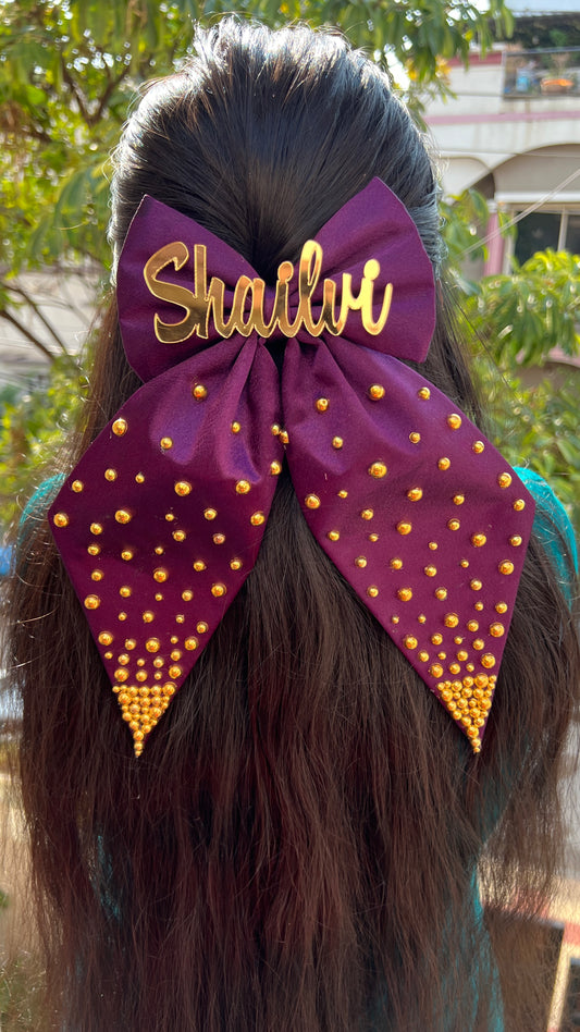 Dark purple golden pearl bigtail customise name bow clip
