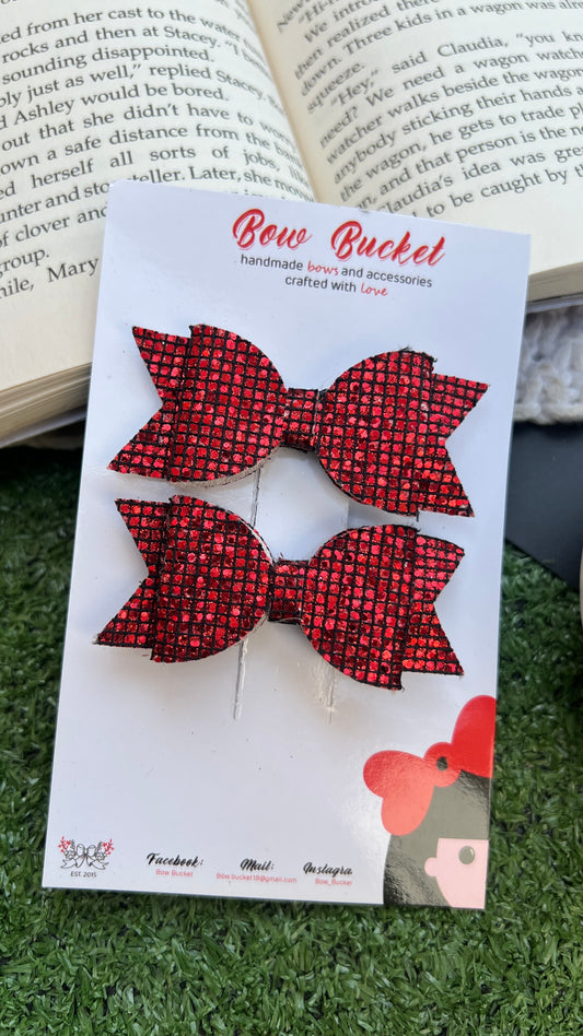 Red checks glitter mini bow clip