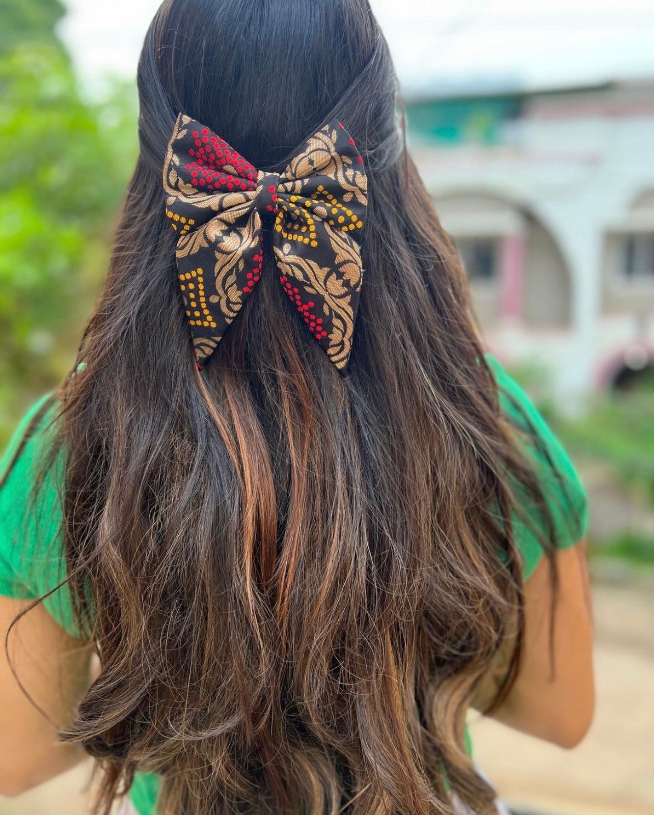 black golden pigtail traditional bow