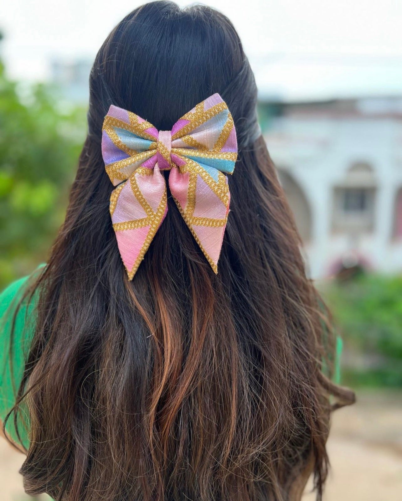 golden lace pigtail traditional bow