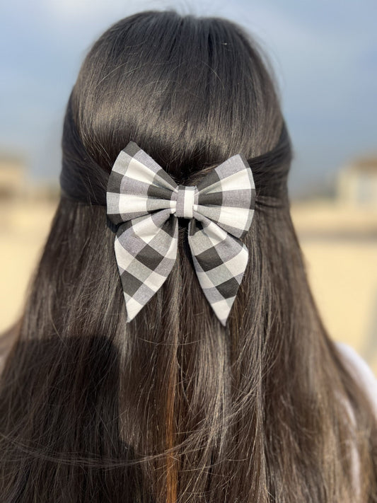 black &amp; white check pigtail bow