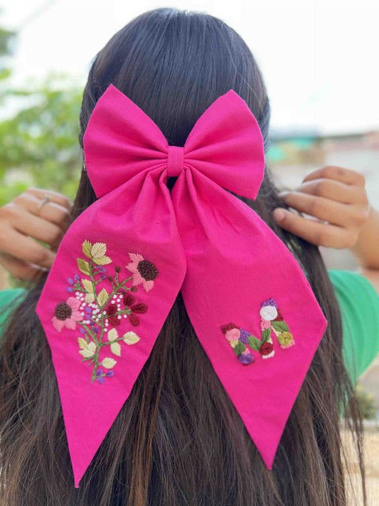 Pink floral embroidery bow with initial