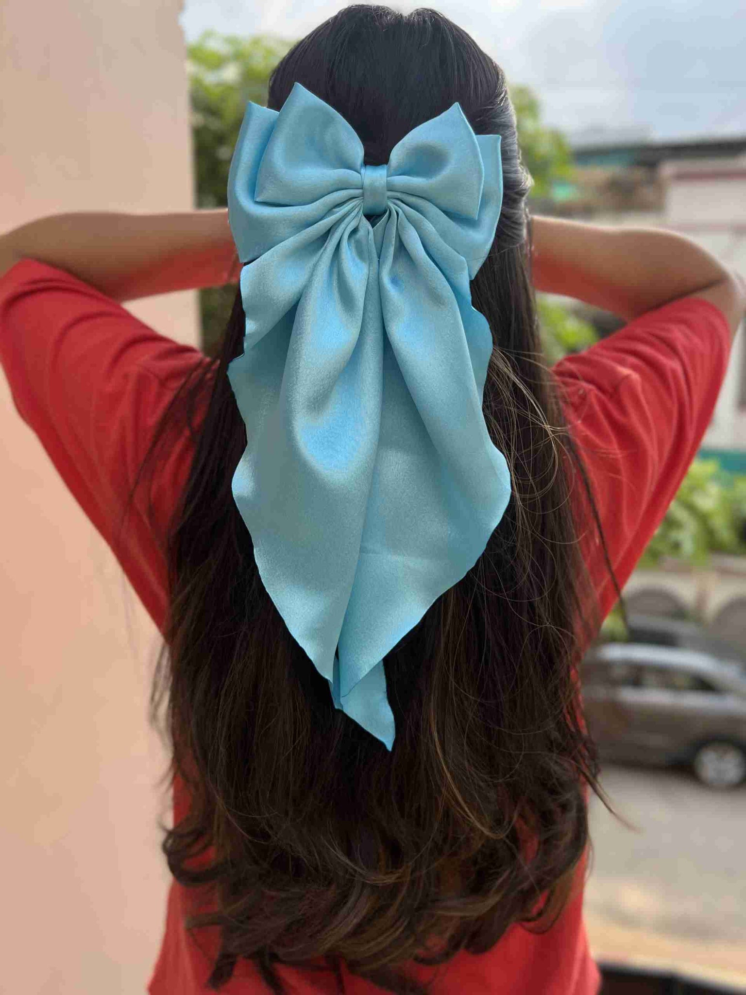 Sky blue ruffle bow