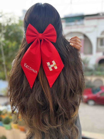 red embroidered bow with name & initial