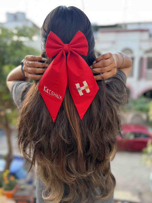 red embroidered bow with name & initial