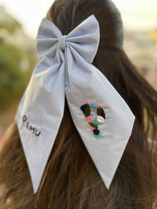 Sky blue embroidered bow with name & initial