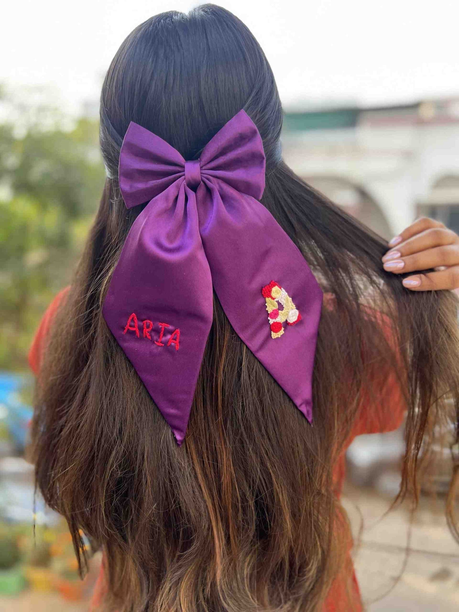 Satin Dark Purple Embroidery Bow with name & initials