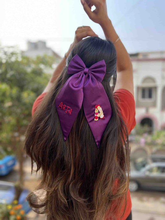 Satin Dark Purple Embroidery Bow with name & initials