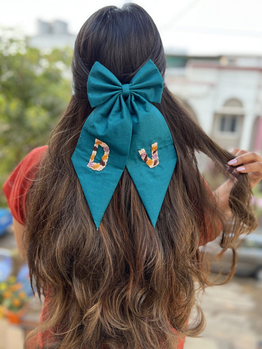 Perisan green Embroidered bow with initials