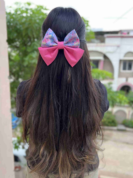 pink floral  duo bow clip