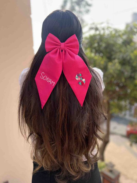 Pink embroidered bow with name &amp; initial
