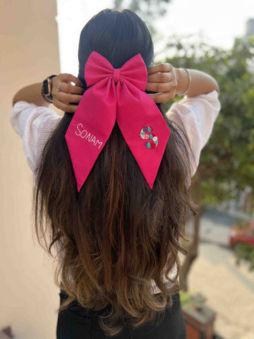 Pink embroidered bow with name &amp; initial