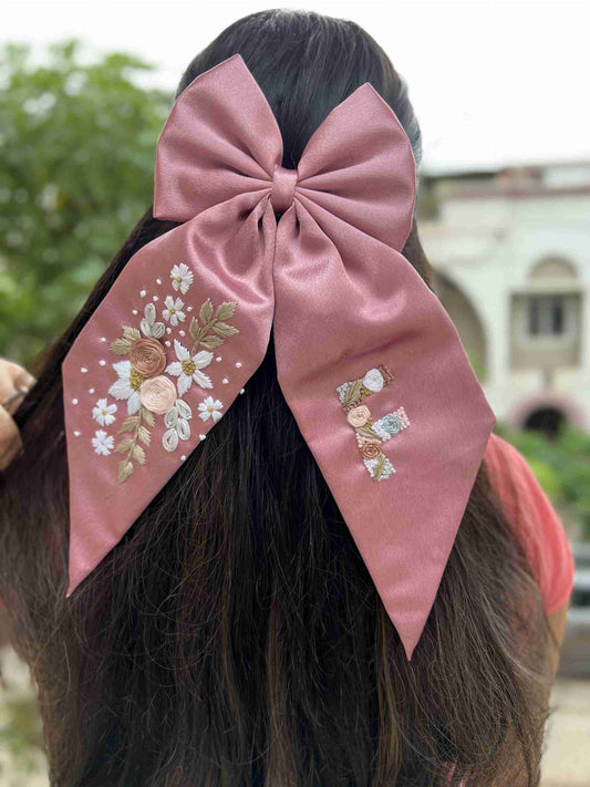 Rose gold embroidery bow clip with initial