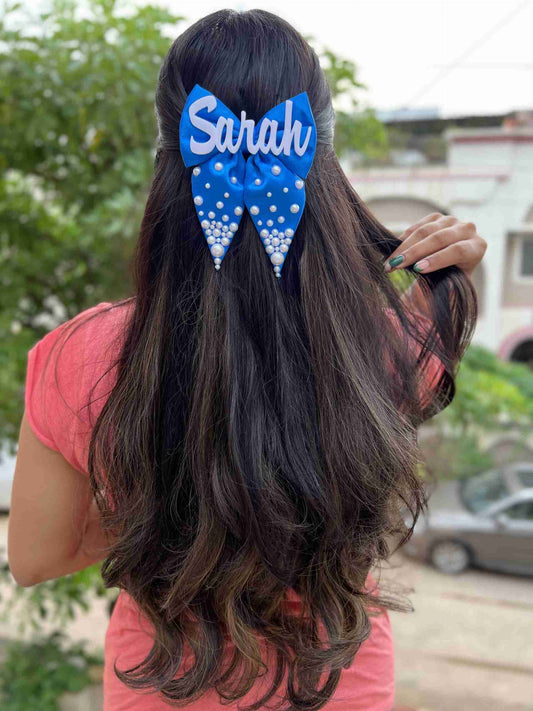 Royal blue pigtail pearl customise name bow