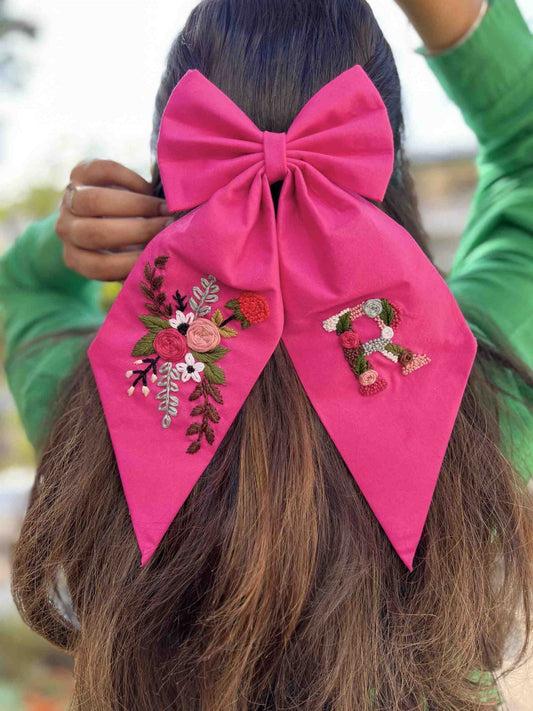 Pink Floral Embroidery bow with initials