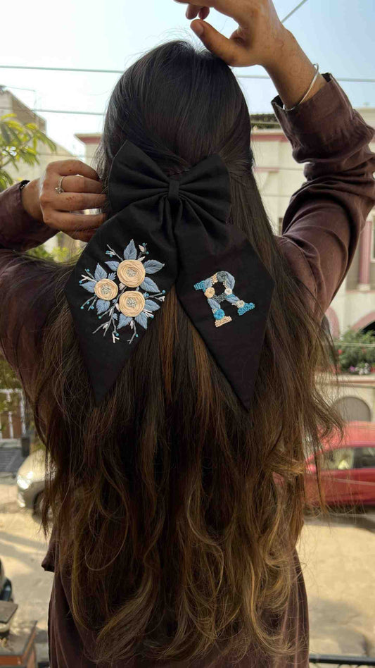 Black Floral Embroidered bow with initial