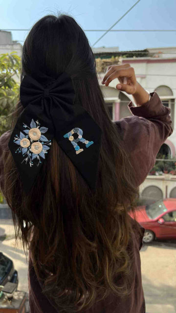 Black Floral Embroidered bow with initial