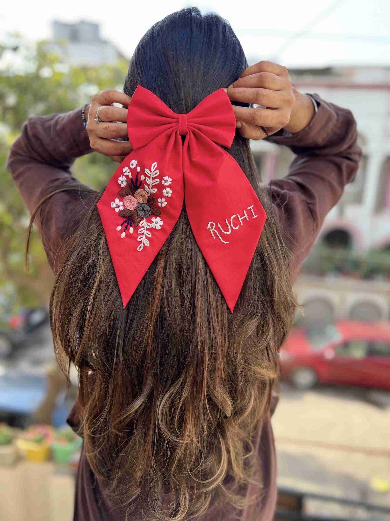 Red floral embroidery bow with name