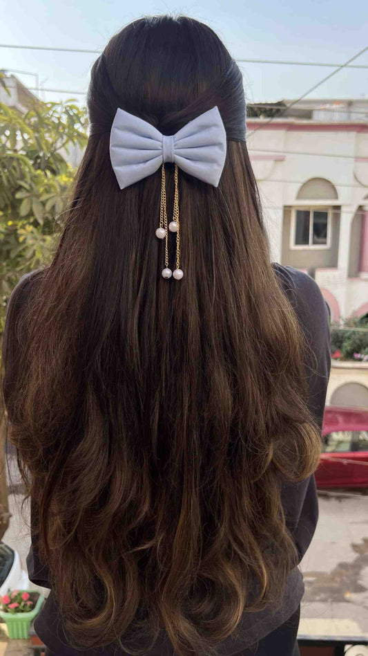 sky blue hanging pearl bow clip