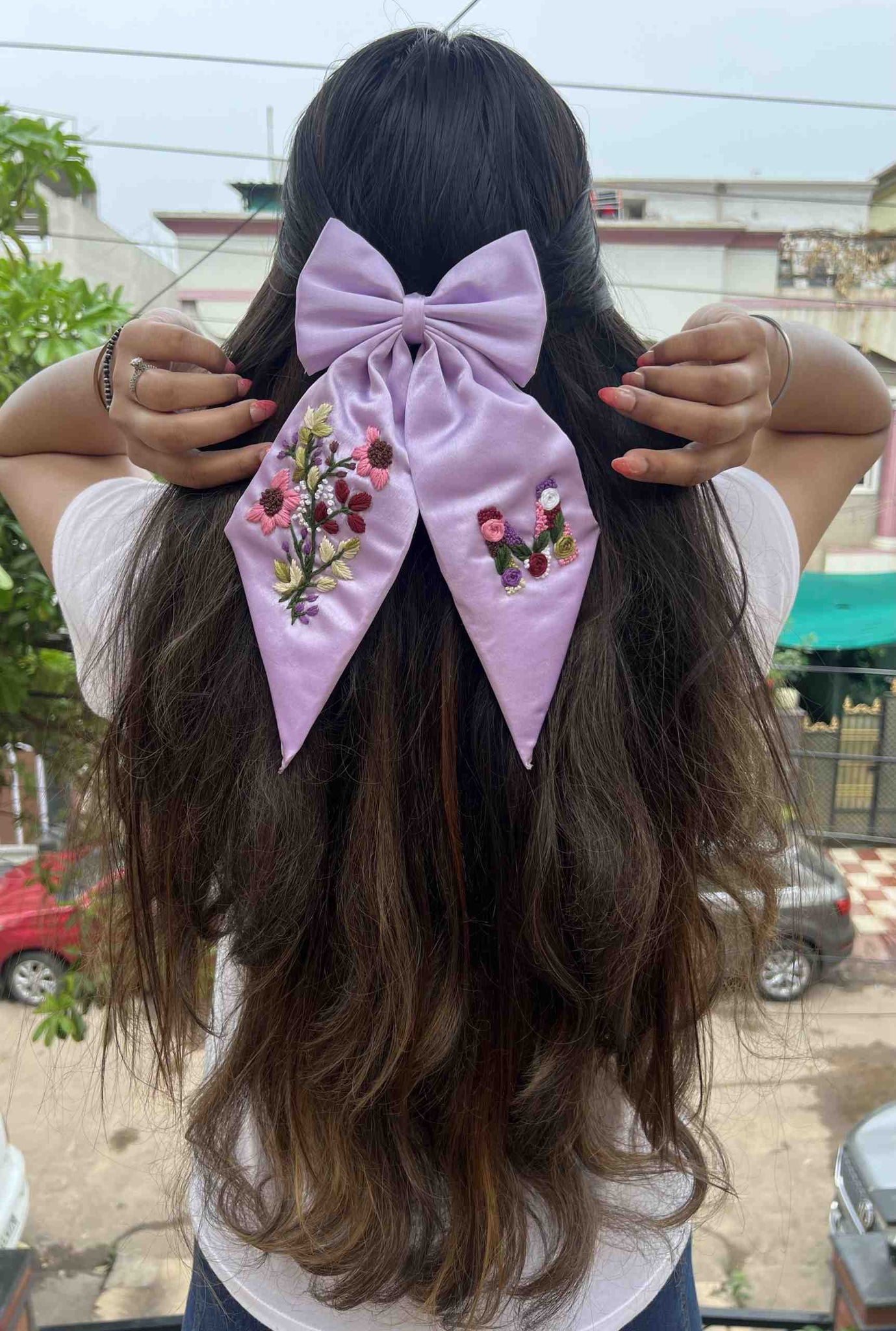 Lilac floral embroidered bow with initial