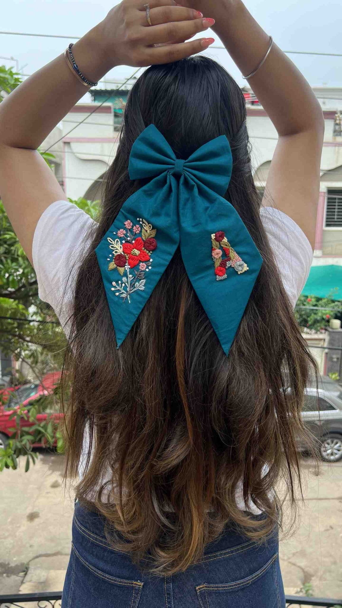 Pine green floral embroidered bow with initial