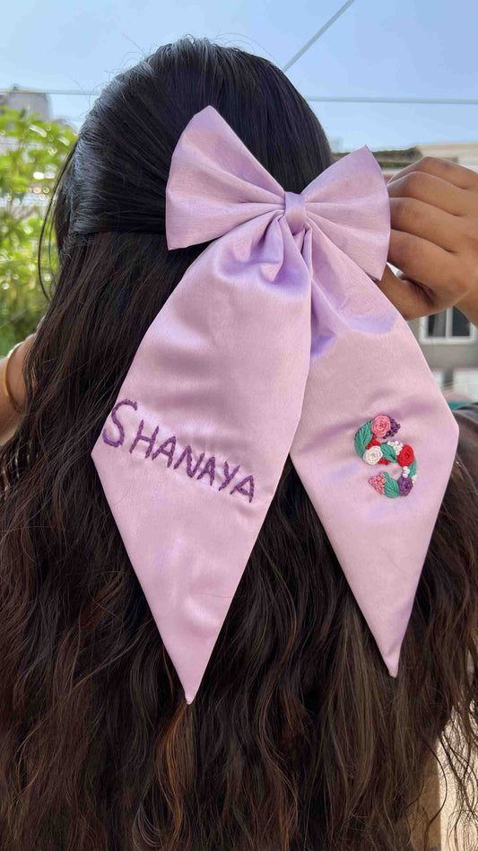 Lilac satin embroidered bow with name & initial
