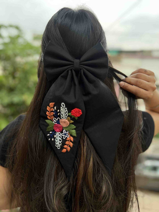 Black floral embroidered bow