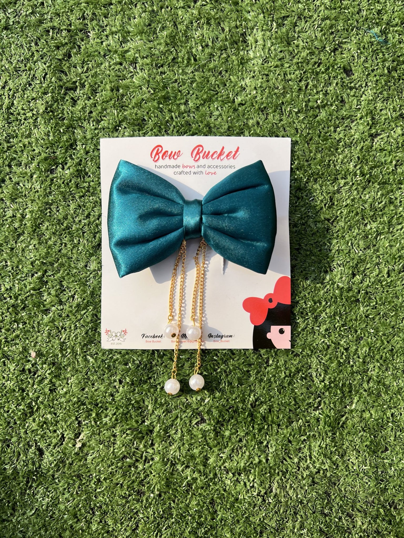 TEAL GREEN hanging pearl bow
