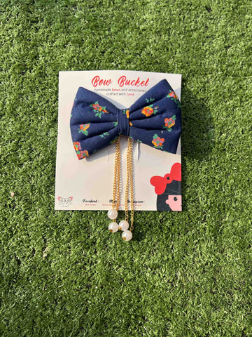 navy blue floral hanging pearl bow clip