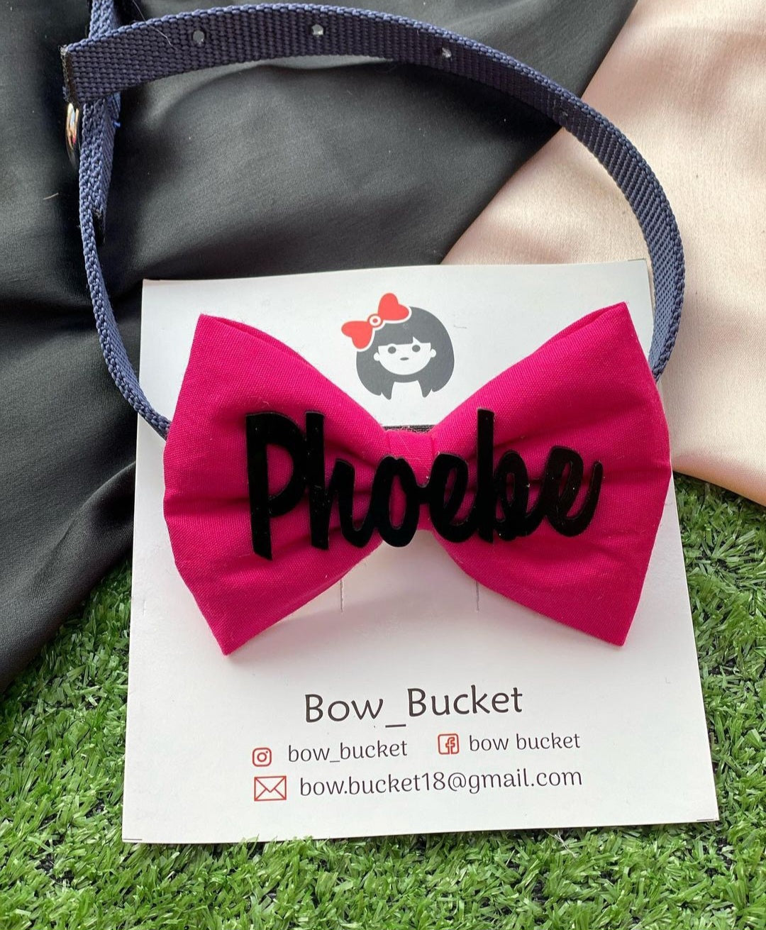 Pink/black customise name pet bow