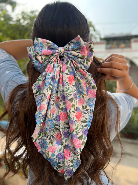 Blue floral ruffle bow