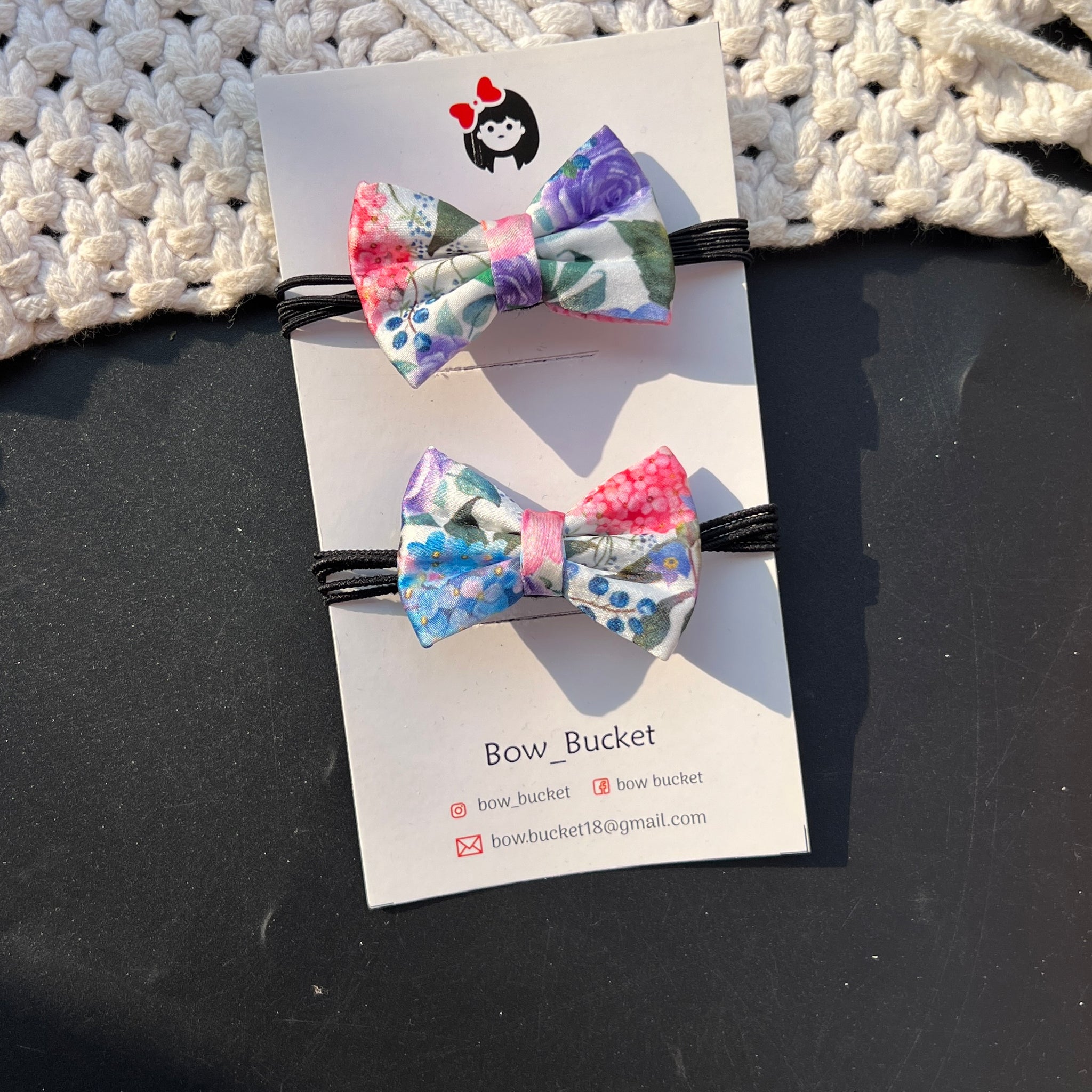 blue floral Bow rubberband pair