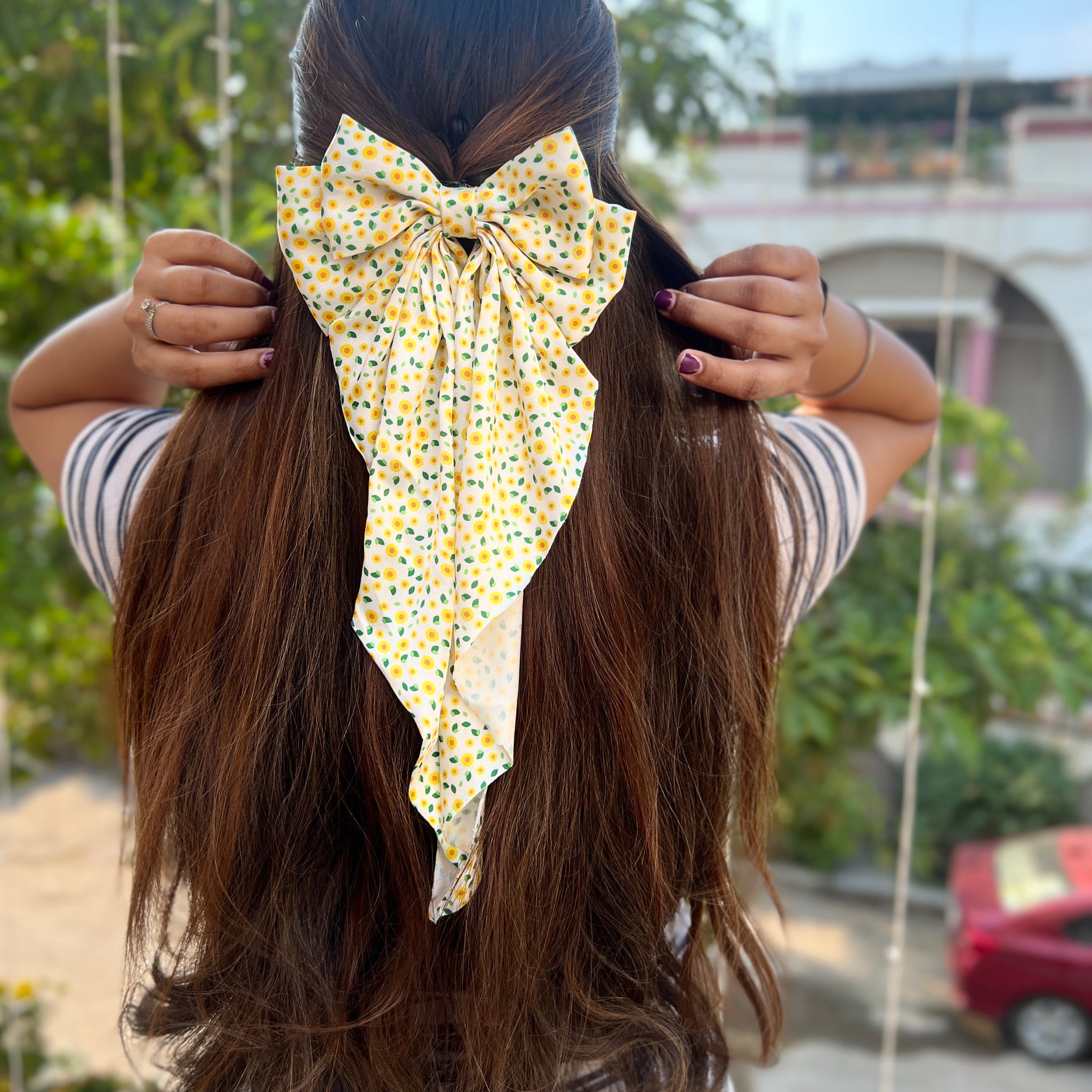 Sunflower charm ruffle bow clip